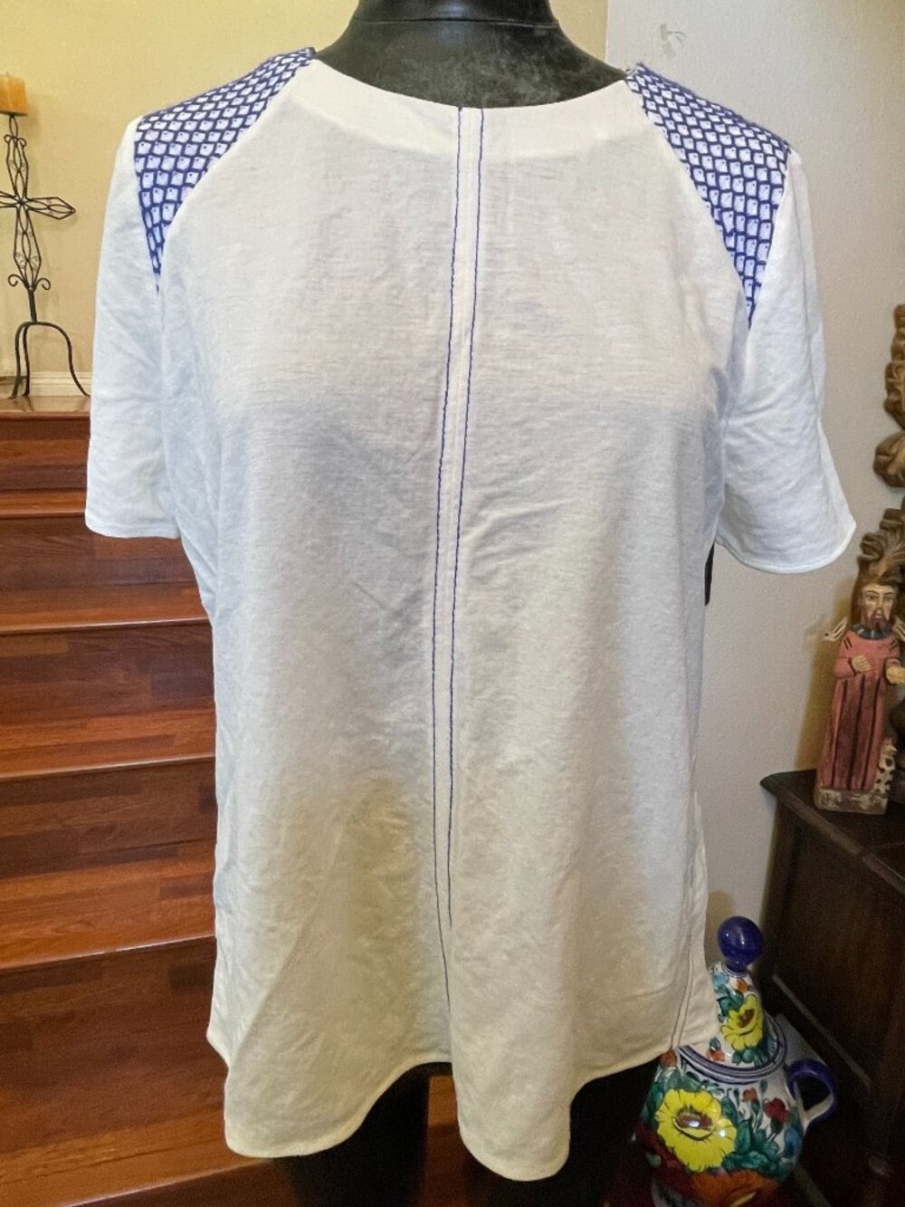 Zara Women's White Short Sleeve Blouse/Top Blue Shoulder Embroidery Size L NWT